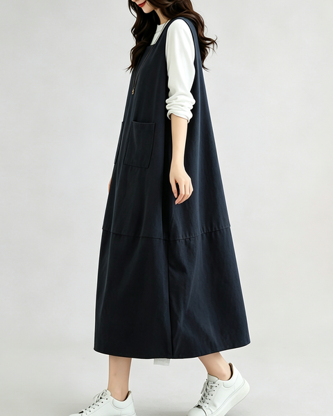 ellazhu Women's Oversized Square Neck Corduroy Pocket Jumper Dress GX033