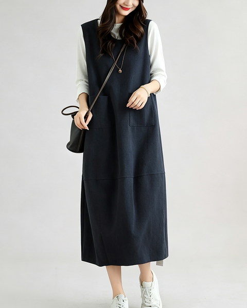 ellazhu Women's Oversized Square Neck Corduroy Pocket Jumper Dress GX033