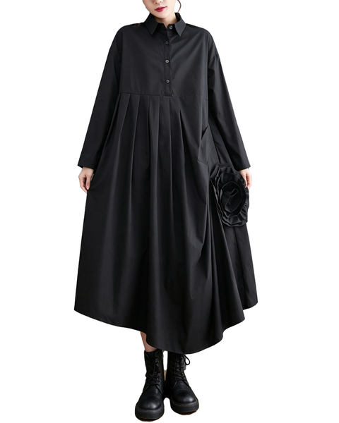 ellazhu Women's Loose Pleated Long Sleeve Shirt Maxi Dress Pockets GX034