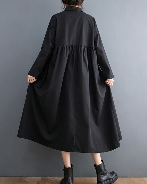 ellazhu Women's Loose Pleated Long Sleeve Shirt Maxi Dress Pockets GX034