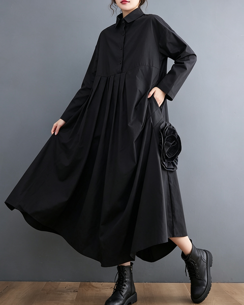 ellazhu Women's Loose Pleated Long Sleeve Shirt Maxi Dress Pockets GX034