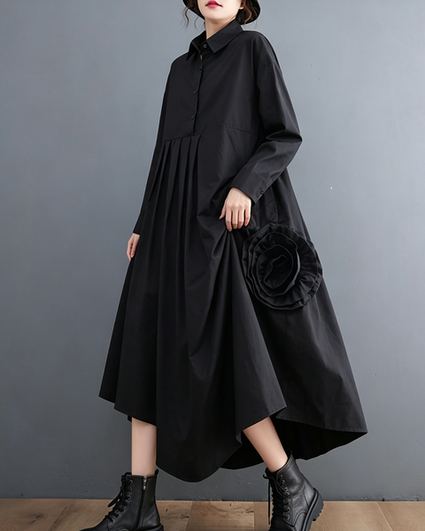 ellazhu Women's Loose Pleated Long Sleeve Shirt Maxi Dress Pockets GX034