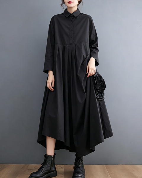 ellazhu Women's Loose Pleated Long Sleeve Shirt Maxi Dress Pockets GX034