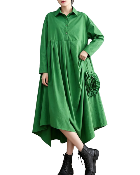 ellazhu Women's Loose Pleated Long Sleeve Shirt Maxi Dress Pockets GX034