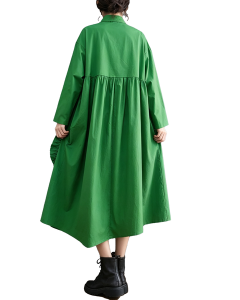 ellazhu Women's Loose Pleated Long Sleeve Shirt Maxi Dress Pockets GX034