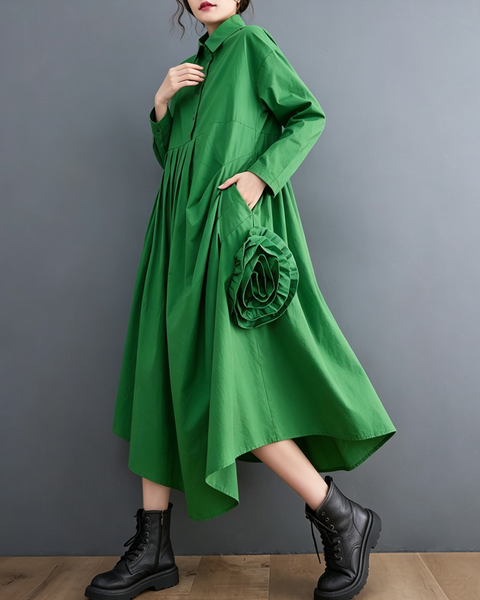 ellazhu Women's Loose Pleated Long Sleeve Shirt Maxi Dress Pockets GX034
