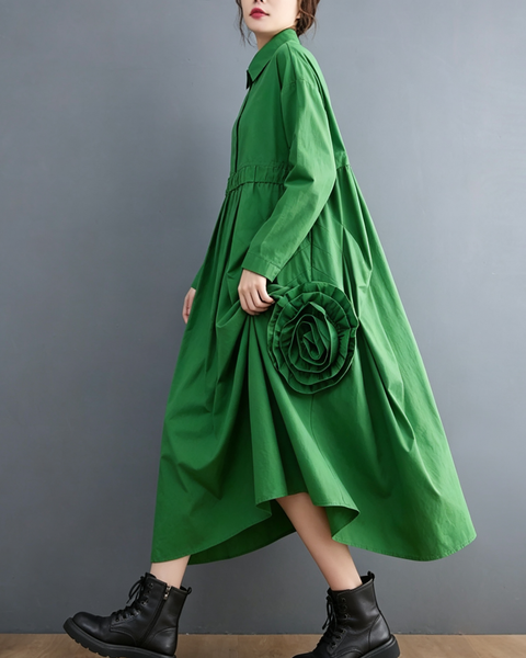 ellazhu Women's Loose Pleated Long Sleeve Shirt Maxi Dress Pockets GX034
