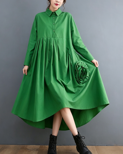 ellazhu Women's Loose Pleated Long Sleeve Shirt Maxi Dress Pockets GX034