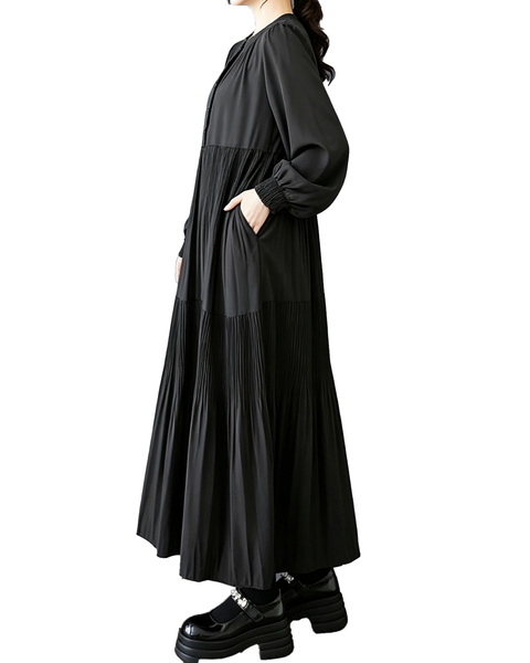 ellazhu Women's Pleated Long Sleeve Loose Tiered Maxi Dress Casual GX035