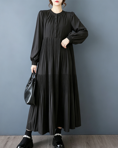ellazhu Women's Pleated Long Sleeve Loose Tiered Maxi Dress Casual GX035