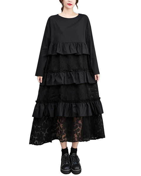 ellazhu Women's Oversized Tiered Ruffle Lace Maxi Dress Loose Fit GX036