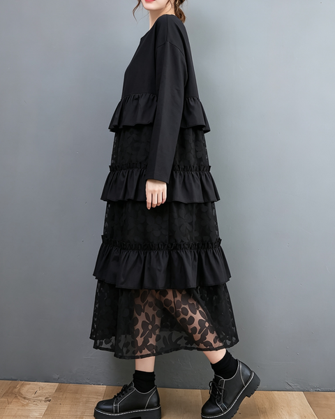 ellazhu Women's Oversized Tiered Ruffle Lace Maxi Dress Loose Fit GX036