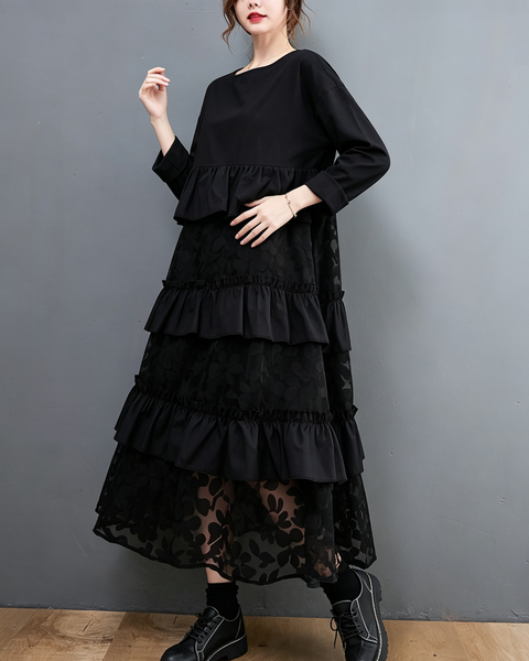 ellazhu Women's Oversized Tiered Ruffle Lace Maxi Dress Loose Fit GX036