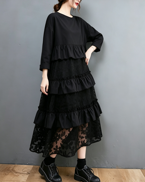 ellazhu Women's Oversized Tiered Ruffle Lace Maxi Dress Loose Fit GX036