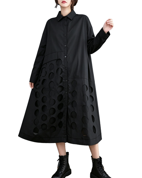 ellazhu Women's Oversized Cutout Long Sleeve Shirt Maxi Dress Boho GX037