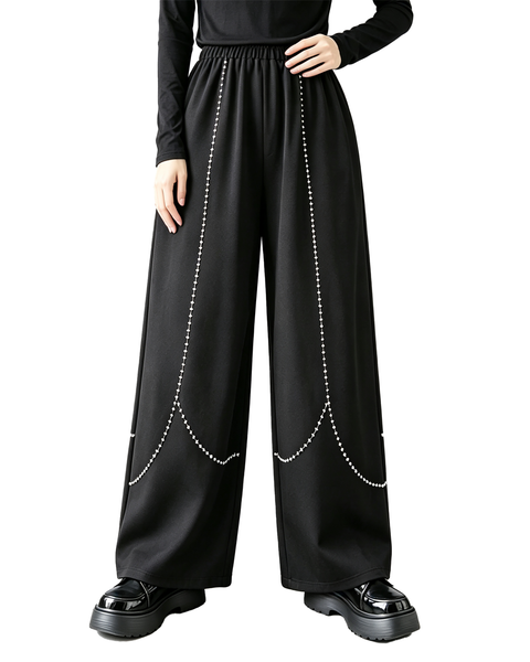 ellazhu Women's Wide Leg Pants Elastic Waist Contrast Stitch Pants GX039