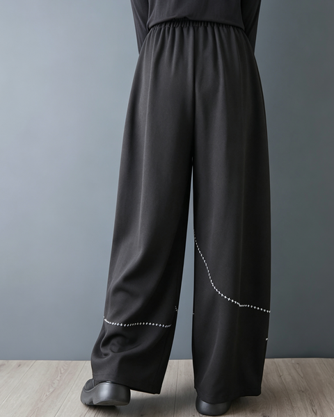 ellazhu Women's Wide Leg Pants Elastic Waist Contrast Stitch Pants GX039