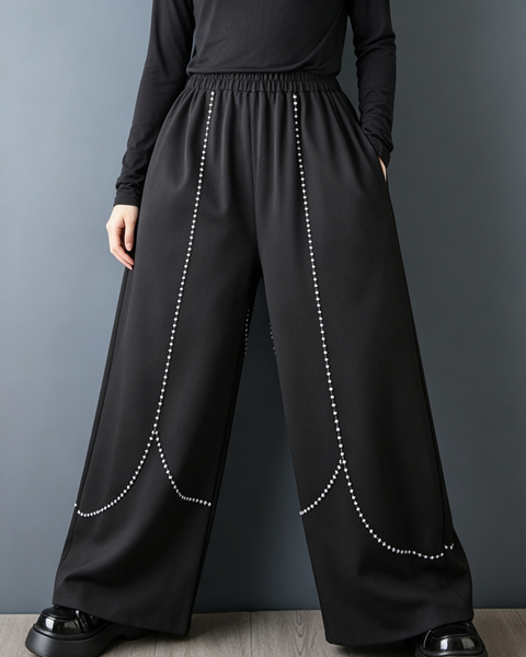 ellazhu Women's Wide Leg Pants Elastic Waist Contrast Stitch Pants GX039