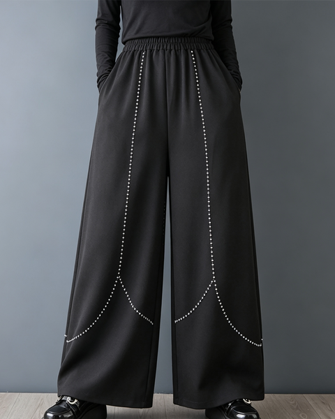 ellazhu Women's Wide Leg Pants Elastic Waist Contrast Stitch Pants GX039