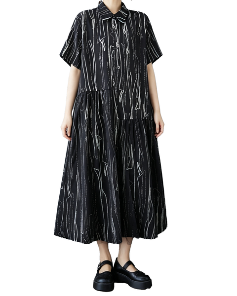 ellazhu Women's Cotton Blend Mesh Patchwork Button Down Shirt Dress GX04 Black