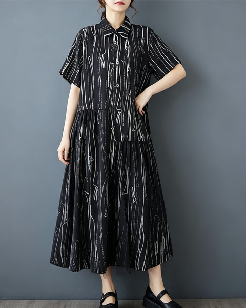 ellazhu Women's Cotton Blend Mesh Patchwork Button Down Shirt Dress GX04 Black