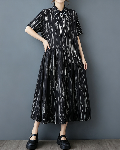 ellazhu Women's Cotton Blend Mesh Patchwork Button Down Shirt Dress GX04 Black