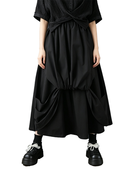 ellazhu Women's Layered Balloon Maxi Skirt Elastic Waist Pockets GX040