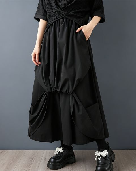 ellazhu Women's Layered Balloon Maxi Skirt Elastic Waist Pockets GX040