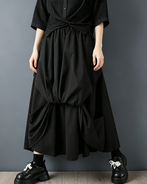 ellazhu Women's Layered Balloon Maxi Skirt Elastic Waist Pockets GX040