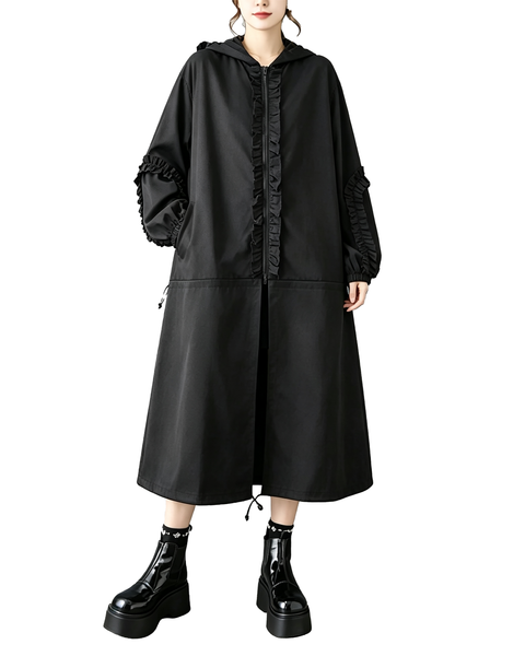 ellazhu Women's Oversized Hooded Ruffle Long Trench Coat Outerwear GX042
