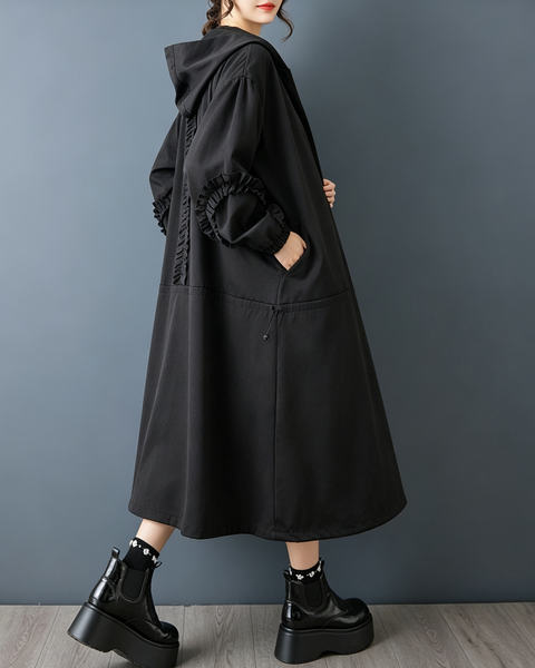 ellazhu Women's Oversized Hooded Ruffle Long Trench Coat Outerwear GX042