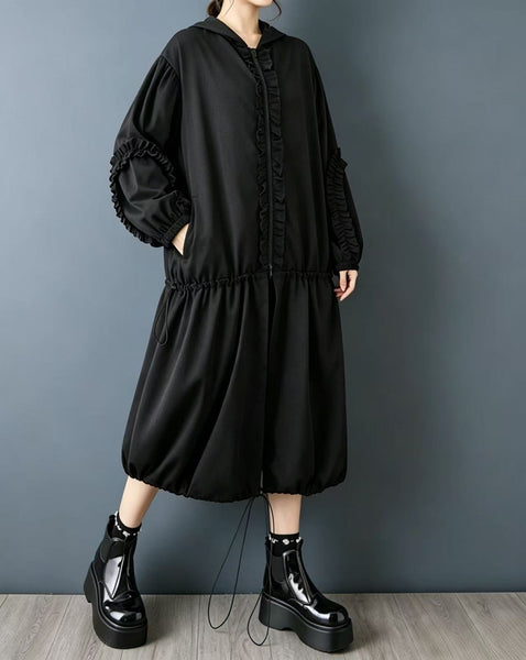 ellazhu Women's Oversized Hooded Ruffle Long Trench Coat Outerwear GX042