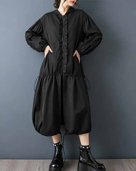 ellazhu Women's Oversized Hooded Ruffle Long Trench Coat Outerwear GX042