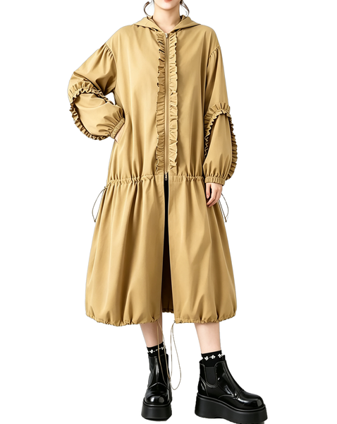 ellazhu Women's Oversized Hooded Ruffle Long Trench Coat Outerwear GX042