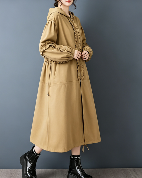 ellazhu Women's Oversized Hooded Ruffle Long Trench Coat Outerwear GX042