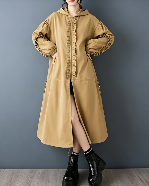 ellazhu Women's Oversized Hooded Ruffle Long Trench Coat Outerwear GX042