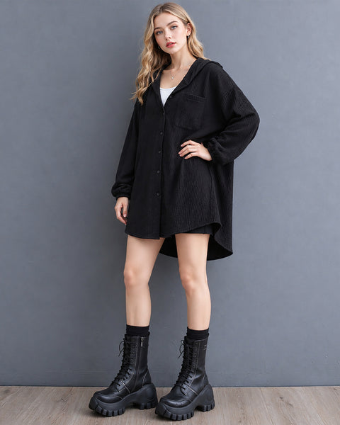 ellazhu Women's Hooded Shirt Button Down Tunic Long Sleeve Oversize GX043