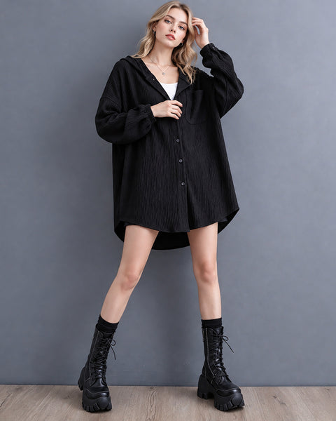 ellazhu Women's Hooded Shirt Button Down Tunic Long Sleeve Oversize GX043