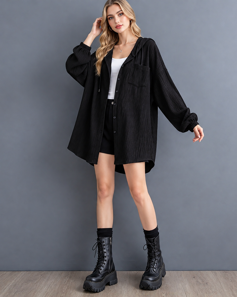 ellazhu Women's Hooded Shirt Button Down Tunic Long Sleeve Oversize GX043
