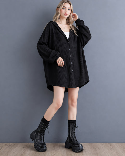 ellazhu Women's Hooded Shirt Button Down Tunic Long Sleeve Oversize GX043