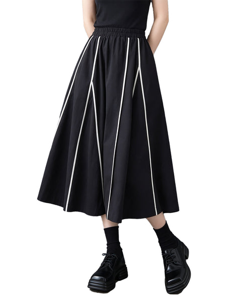ellazhu Women's A Line Maxi Skirt Elastic Waist Contrast Piping GX044