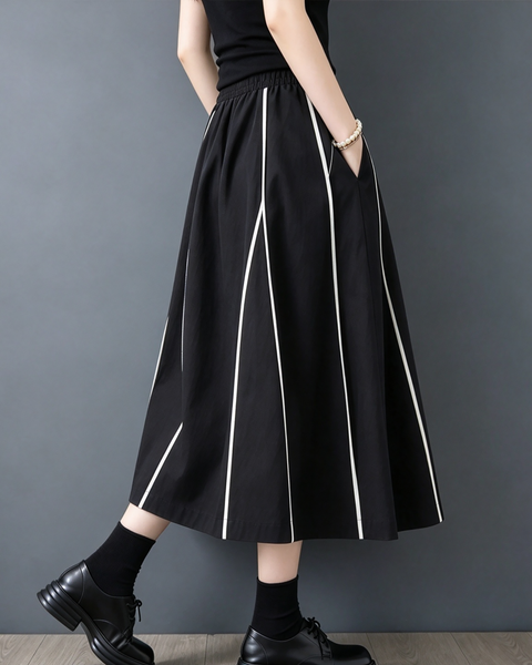 ellazhu Women's A Line Maxi Skirt Elastic Waist Contrast Piping GX044