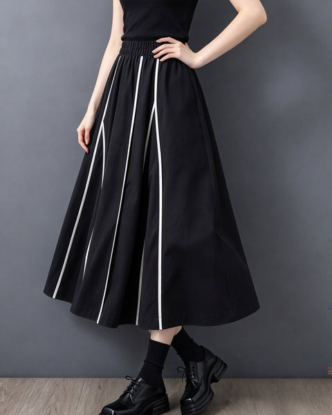 ellazhu Women's A Line Maxi Skirt Elastic Waist Contrast Piping GX044