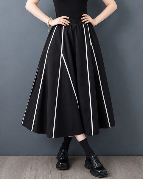 ellazhu Women's A Line Maxi Skirt Elastic Waist Contrast Piping GX044