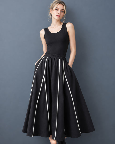 ellazhu Women's A Line Maxi Skirt Elastic Waist Contrast Piping GX044