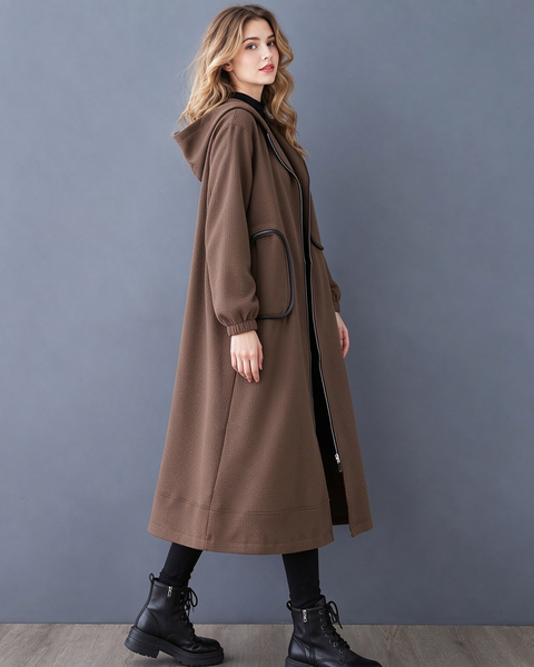 ellazhu Women's Long Hooded Coat Oversized Zip Up Jacket Pockets GX046