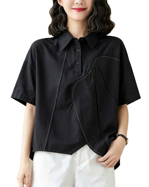 ellazhu Women's Oversized Button Shirt Short Sleeve Blouse Loose GX05 Black