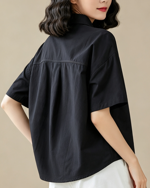 ellazhu Women's Oversized Button Shirt Short Sleeve Blouse Loose GX05 Black