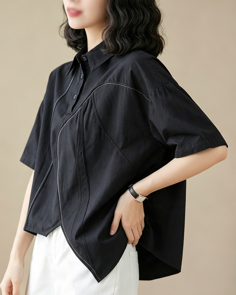ellazhu Women's Oversized Button Shirt Short Sleeve Blouse Loose GX05 Black