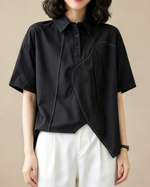 ellazhu Women's Oversized Button Shirt Short Sleeve Blouse Loose GX05 Black